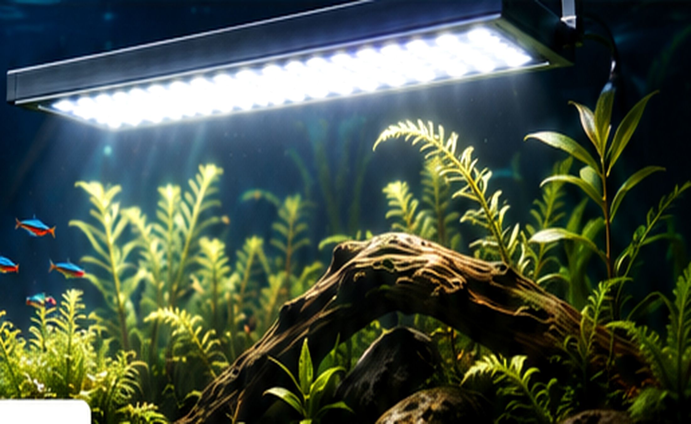 Helle LED-Aquariumbeleuchtung über dicht bepflanztem Aquarium