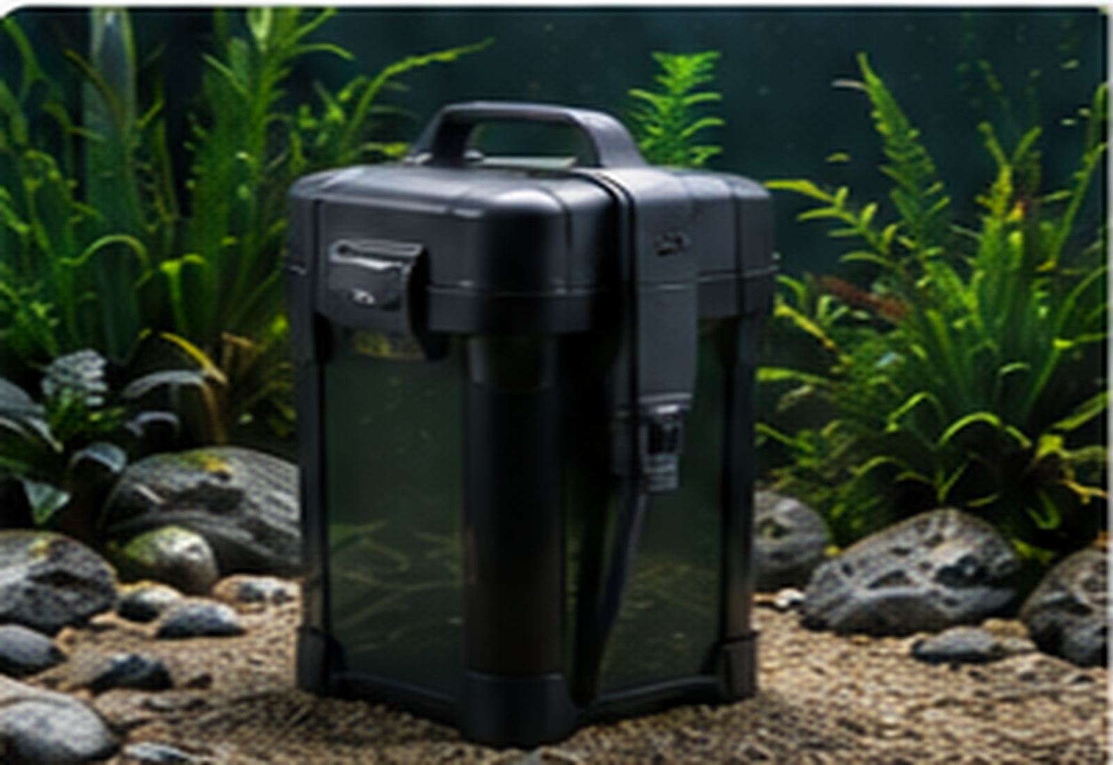 Außenfilter neben einem bepflanzten Aquarium