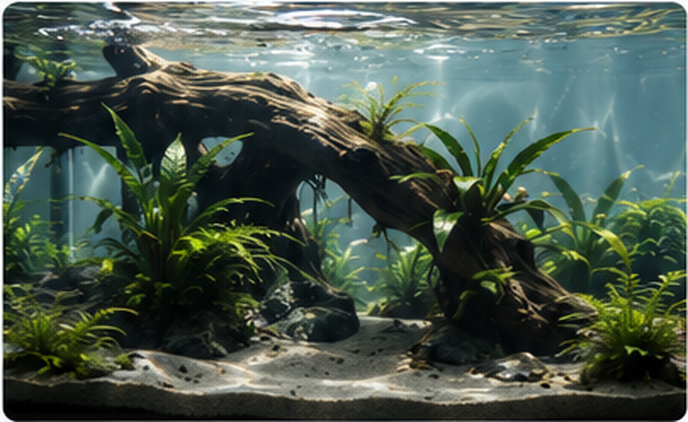 Klares, dicht bepflanztes Aquarium mit natürlicher Wasserbewegung